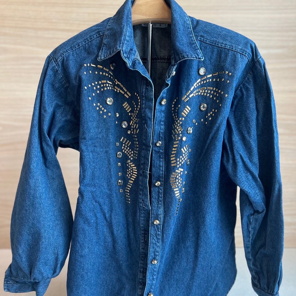 Vintage 80's City Girl Sport Rhinestone Beaded Appliqué Denim Shirt